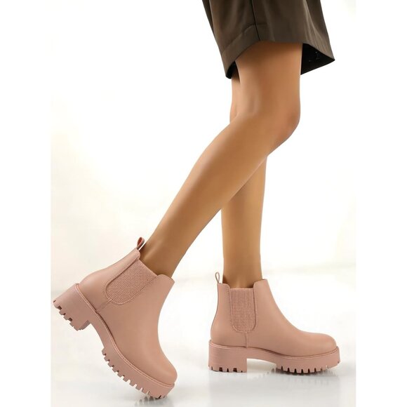 Girls Pink Pull-On Fall Chelsea Boots Water-Resistant PU Ankle Heel Boots - Picture 7 of 7